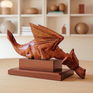 Small Hand-Carved Wooden Dragon Figurine | Mini Fantasy Creature Decor | Mythical Animal Sculpture | Rustic Wood Ornament, Shelf Display Art