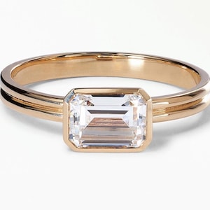 East West Emerald Cut Moissanite Diamond Ring Full Bezel Set Diamond Ring Solitaire Engagement Ring For Women 18K Solid Yellow Gold Ring