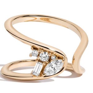 14k Solid Yellow Gold Wavy Ring Unique Multi Diamond Ring Lab Diamond Ring Prong Setting Diamond Ring Stackable Curved Ring Engagement Ring