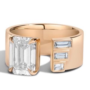 Vintage Emerald Cut And Baguette Cut Stacking Wedding Band 18k Solid Gold Wedding Band For Her & Him Gold Wide Cigar Band Stackable Band