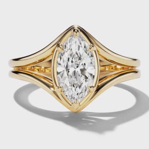 1.50 CT Marquise Cut Lab Diamond Solitaire Ring, Bezel With Prong Set, 14K Solid Yellow Gold Split Shank, Engagement Ring, Gift for Her
