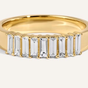 Petite Baguette Cut Diamond Band Prong Setting Diamond Band Moissanite Diamond Wedding Band For Women 14K Yellow Gold Jewelry