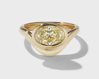 18K Yellow East-West Oval Antique Curved Diamond Engagement Ring, Bezel Set Ring, Stacking Jewelry, Solitaire Ring, Handmade Jewelry For Her
