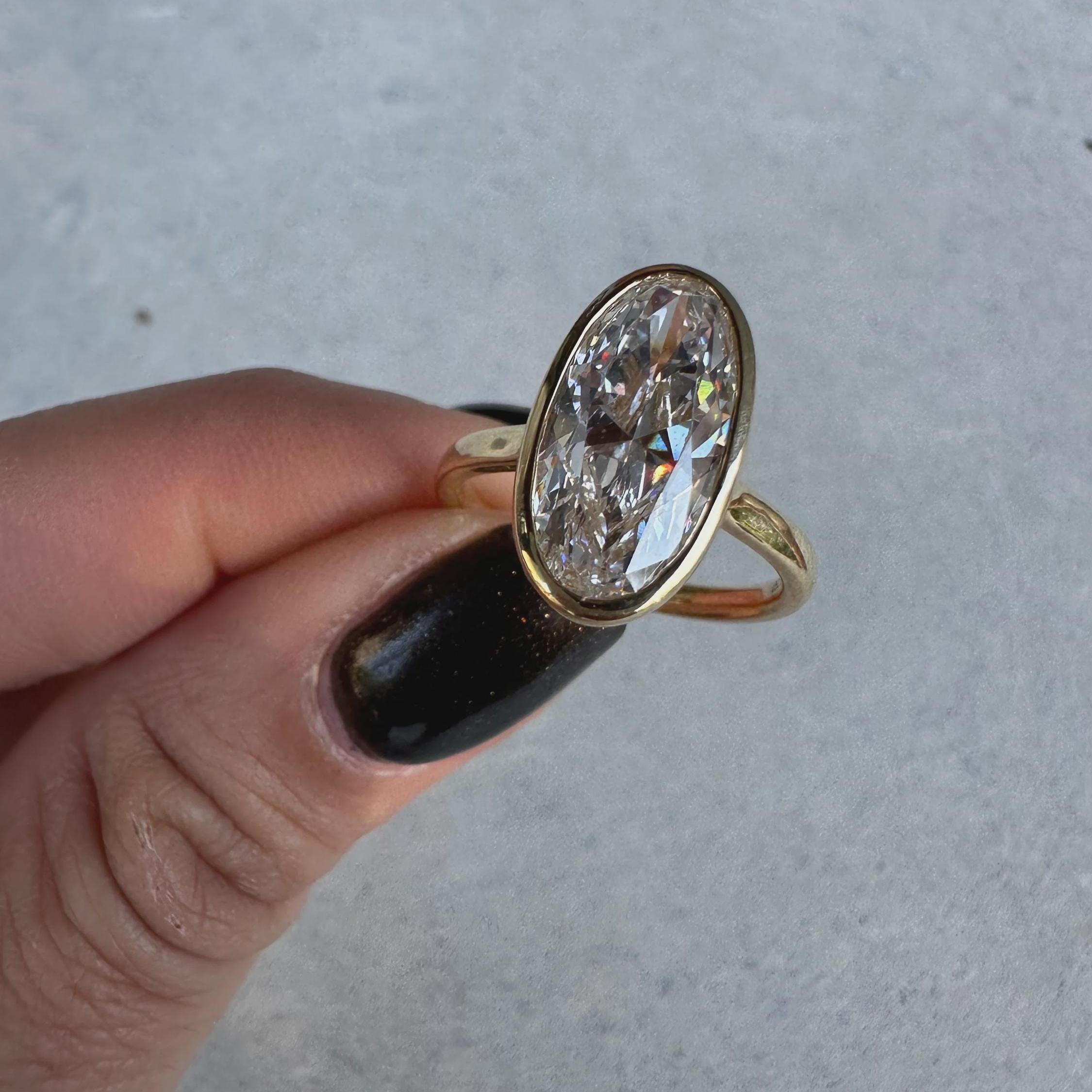 3.00CT Moval Cut Lab Grown Diamond Solitaire Engagement Ring, Elongated Moval Cut Lab Grown Diamond Full Bezel Set Solitaire Engagement Ring