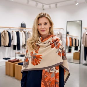 Può includere: Sciarpa beige con un motivo floreale nei toni dell'arancione e del grigio. La sciarpa è drappeggiata intorno al collo. Lo sfondo mostra dei portabiti e uno specchio, suggerendo un ambiente di vendita al dettaglio.