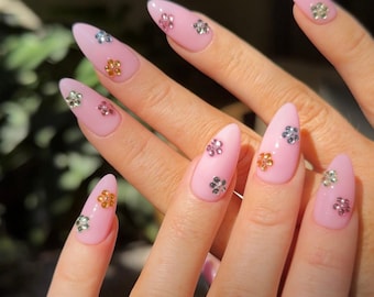 Pink Gem Press On Nails: Sugar Petals Pink with Crystal Flowers, Kylie Jenner Nails, Custom Fit