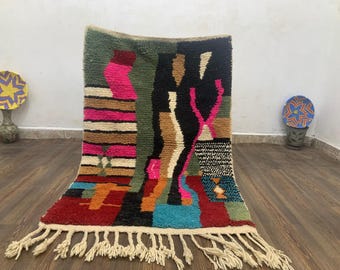 Beni Ourain Wool Rug, Multicolor Stripes (Handwoven Moroccan Carpet)