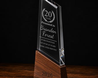 Custom Crystal Award Trophy with Wooden Base, Personalized Corporate Logo Recognition Plaque