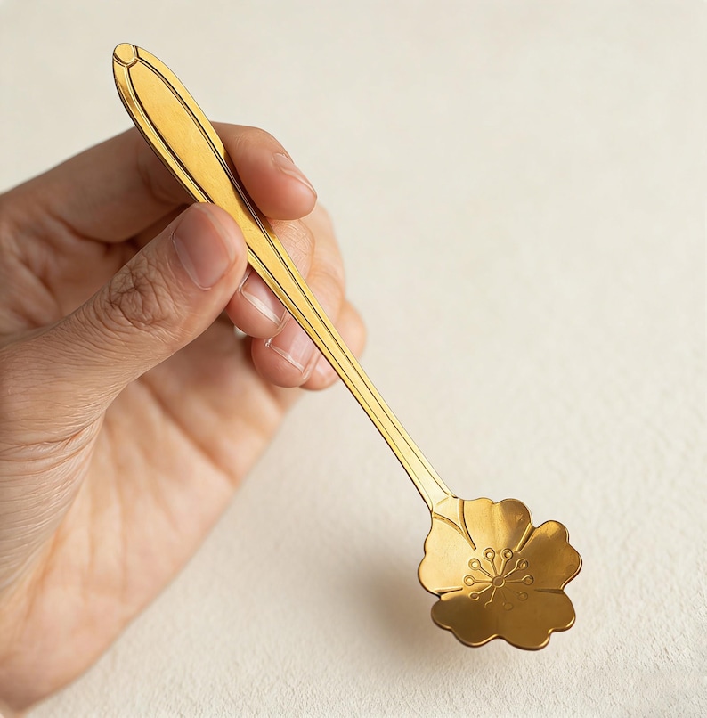 May include: A gold-colored spoon with a floral design on the bowl. The spoon has a long, slender handle with decorative lines. The bowl of the spoon is shaped like a flower with detailed petals and a central design. The spoon is held against a neutral background.