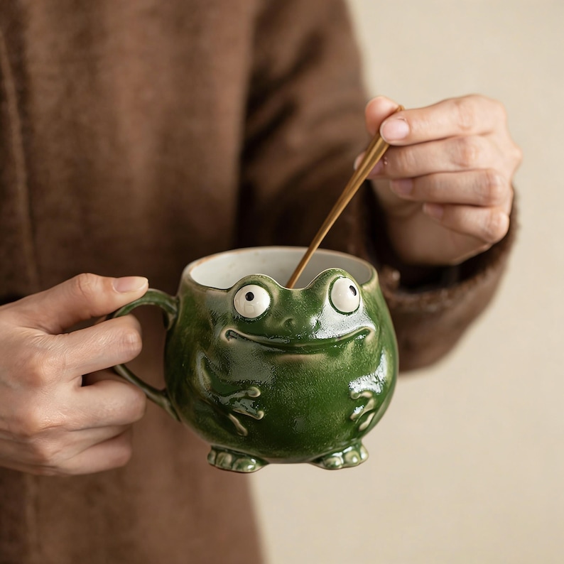 May include: A whimsical green ceramic mug shaped like a frog, featuring large, expressive eyes and a smiling mouth. The mug has a handle and is being stirred with a golden spoon. The mug is a unique and fun addition to any kitchen.