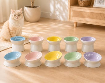 Personalized Cat Bowl, Custom Name Elevated Ceramic Pet Bowl, Whisker Friendly Raised Feeder, Pastel Food or Water Dish