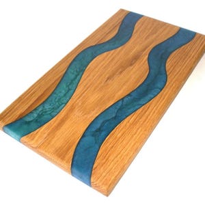 Red Oak Wood Charcuterie/Serving Board with Deep Ocean and Turquoise Stone Epoxy - 14&quot; x 8&quot;