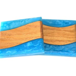 Red Oak Inverse Wood River Coasters with Ahoy Blue Epoxy - 2 piece set - 3 5/8&quot; x 3 5/8&quot;