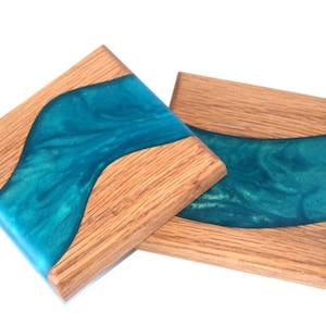 Red Oak Wood River Coasters with Pacific Turquoise Epoxy - 2 piece set - 3 5/8&quot; x 3 5/8&quot;