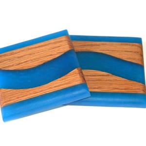 Red Oak Wood River Coasters with Pacific Blue Epoxy - 2 piece set - 3 5/8&quot; x 3 5/8&quot;