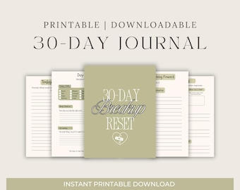May include: A printable 30-day journal with the title "30-Day Breakup Reset" in a stylish font. The journal is light green and includes prompts and space for writing. The words "Printable | Downloadable" and "Instant Printable Download" are also visible.