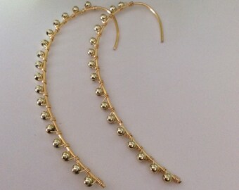 Gold Bead Long Threader Earring, Gold Bead Linear Hoop, Minimalist Earring, Everyday Earring, Everyday Hoop, Wire wrapped