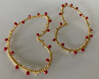 Gold Heart Hoop Earring, Wire-wrap, Crystal Heart Hoop, Gold Hoop Earring, Red Crystal Hoop, Everyday Hoop, Beaded Hoop, Large Heart Earring