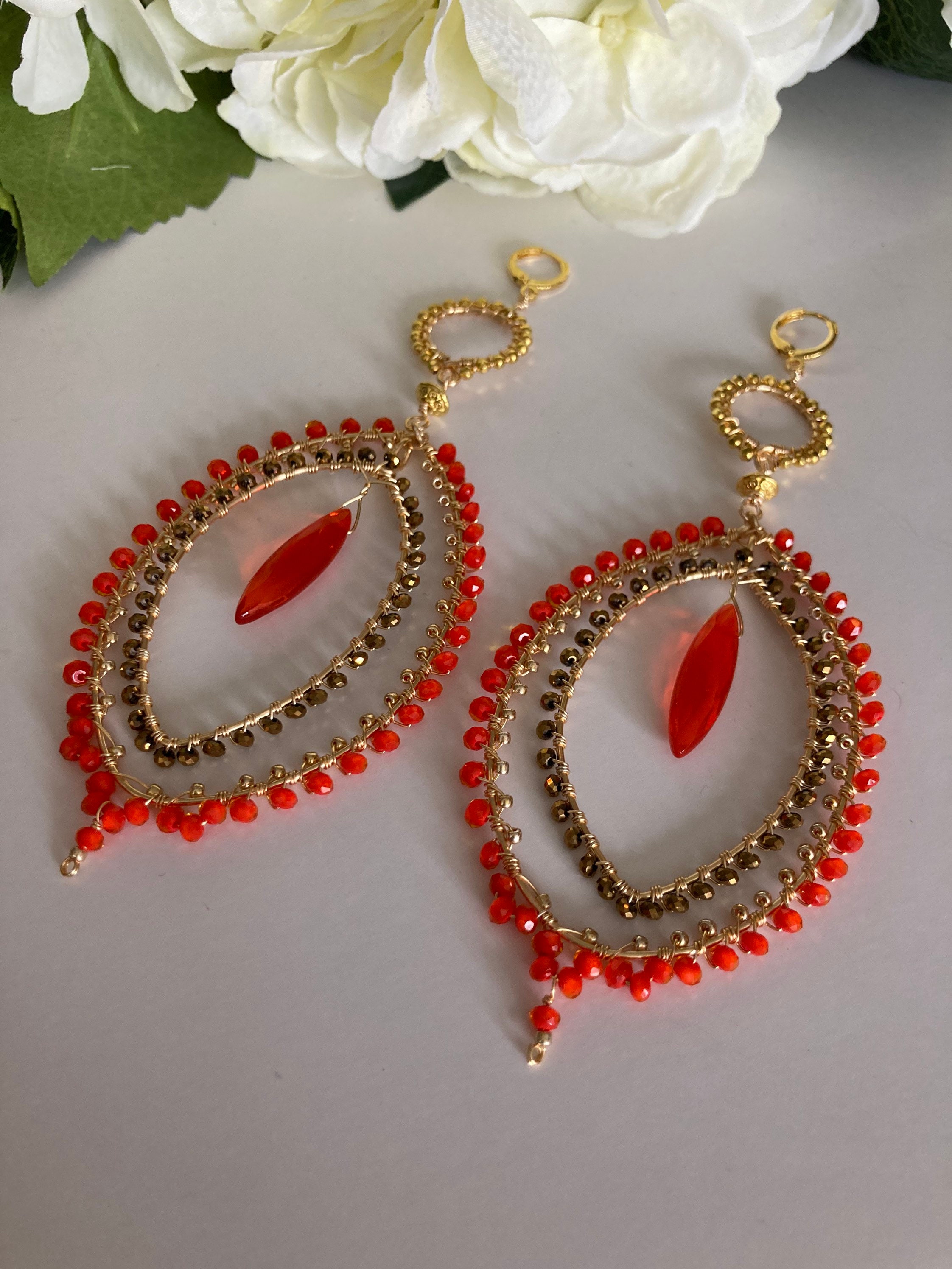 Red Hematite Statement Gold Chandelier Earring Gypsy Etsy