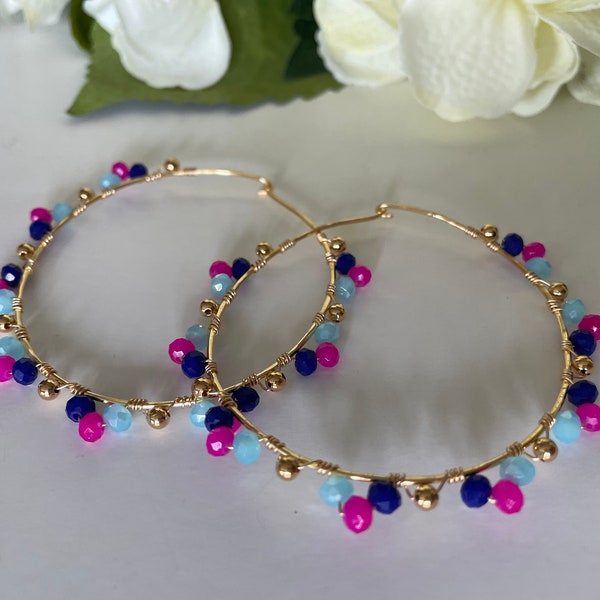 Gold Gypsy Multi-color Crystal hoop, Hammered Hoop, Wire-wrapped, Crystal Beaded Hoop, Large Gold Hoop, Bohemian Earring, Gypsy Spanish Hoop