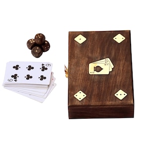 Handmade Mango Wood Playing Card Box: Antique Design with Dice