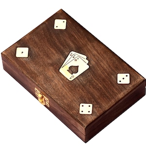 Boîte de cartes à jouer marron en bois bien conçue, faite main, mangue pour 2 jeux, design antique, dimension 7 x 4,75 x 1,5 pouces