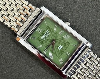 Kolekcjonerski zegarek Seiko Tank Vintage, smukły kwarc, zielona tarcza, klasyczny styl