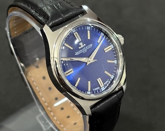 Vintage Jaeger-LeCoultre Club Watch, Swiss Manual Wind, Blue Dial, Brown Leather Strap