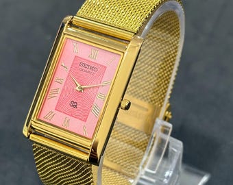 Vintage Seiko Slim Tank Style Quarzuhr Rosa Zifferblatt Rechteckige Uhr