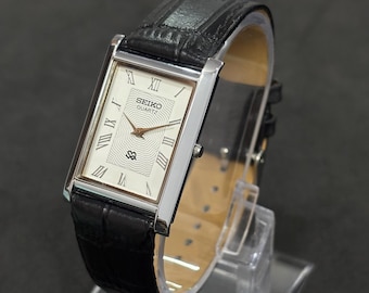 Orologio da polso da uomo in stile Tank Slim, con quadrante bianco classico, al quarzo rettangolare Seiko vintage