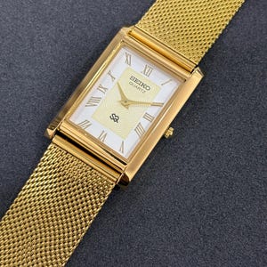 Seiko Slim Rectangular Quartz Watch, White Dial, Gold Tone, Gift for Him