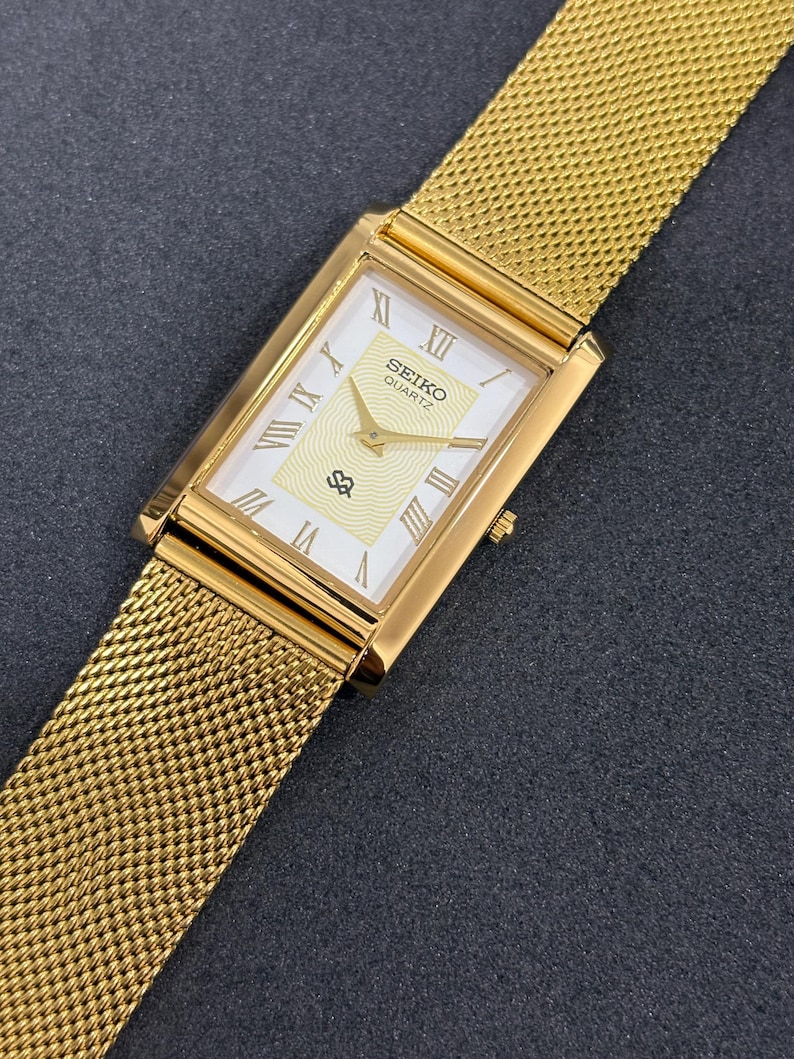 Seiko Slim Rectangular Quartz Watch, White Dial, Gold Tone, Gift for Him
