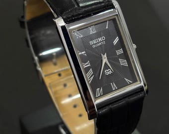 Seiko Vintage Rectangular Watch, Gold Roman Dial, Leather Strap