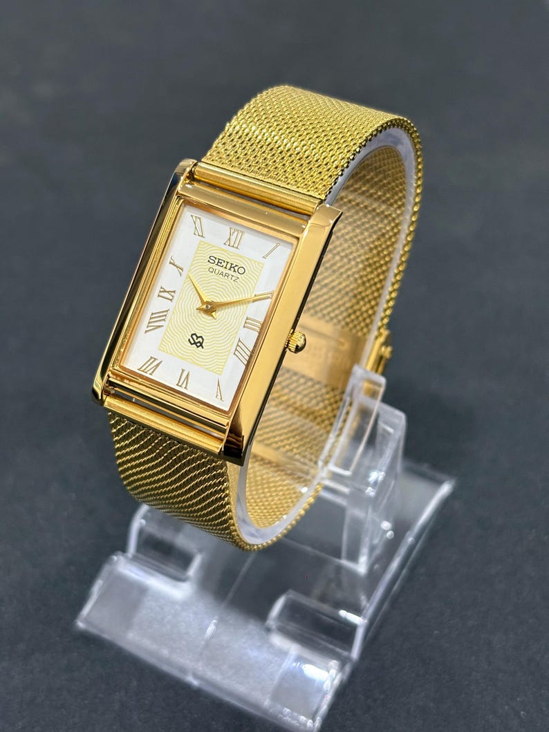 Seiko Vintage Tank Style Men’s Watch, White Roman Numerals, Quartz Gold Tone