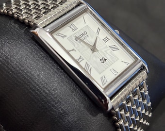 Vintage Seiko Quartz Dress Watch, Slim Tank Case, White Roman Numeral Face