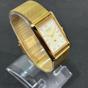 Classic Seiko Slim Tank Wristwatch, White Dial, Gold Plated, Gift for Him