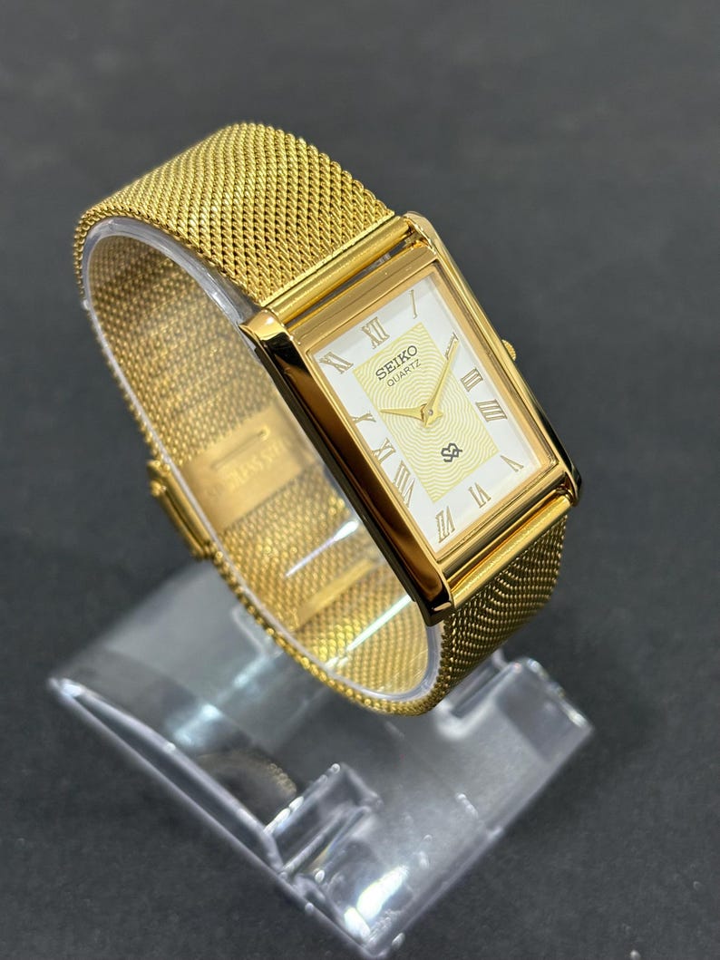 Classic Seiko Slim Tank Wristwatch, White Dial, Gold Plated, Gift for Him