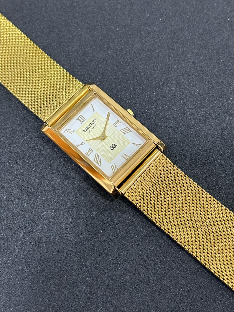 Vintage Seiko Dress Watch, Slim Tank Style, White Roman Dial, Gold Plated