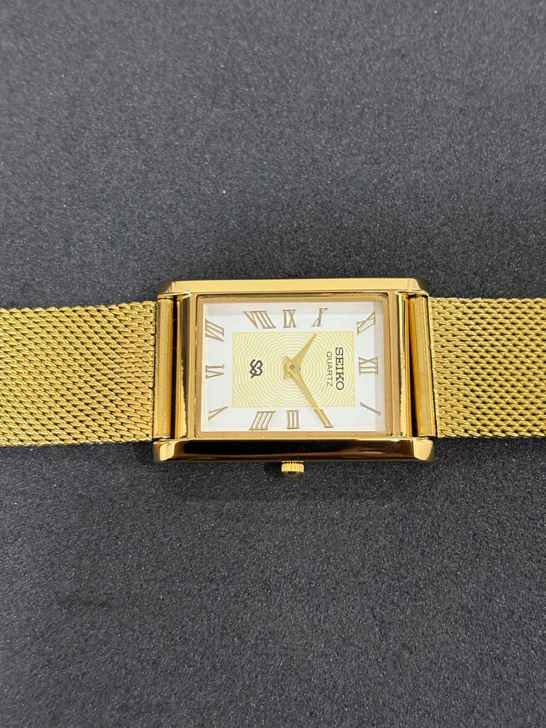 Retro Seiko Tank Quartz Wristwatch, White Roman Numerals, Gold Plated Case