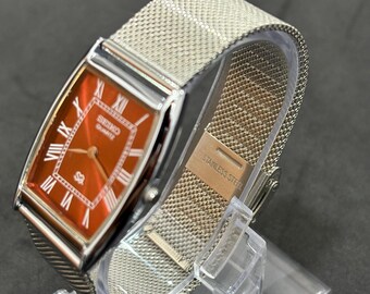 Rare Vintage Seiko Slim Tank Watch, Black Roman Numeral Dial, Brown Leather Strap