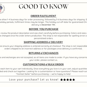 K&ouml;nnte beinhalten: Eine wei&szlig;e Grafik mit dem Text &bdquo;GOOD TO KNOW&ldquo; oben, die Informationen zu Auftragsabwicklung, Einkauf, Versand, R&uuml;cksendungen und Anpassungen liefert. Das Shop-Logo befindet sich oben links.