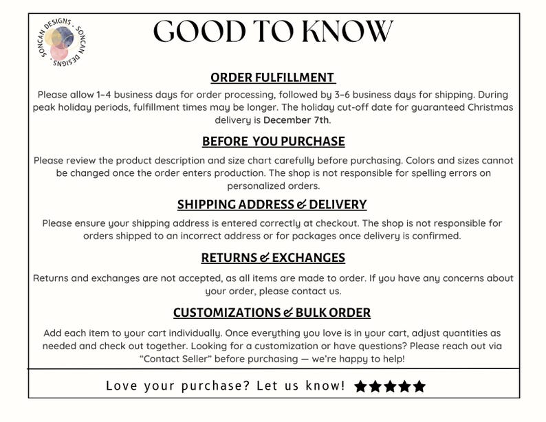 K&ouml;nnte beinhalten: Eine wei&szlig;e Grafik mit dem Text &bdquo;GOOD TO KNOW&ldquo; oben, die Informationen zu Auftragsabwicklung, Einkauf, Versand, R&uuml;cksendungen und Anpassungen liefert. Das Shop-Logo befindet sich oben links.