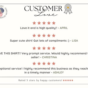 K&ouml;nnte beinhalten: Eine wei&szlig;e Karte mit dem Text "CUSTOMER Love" und Kundenbewertungen. Die Bewertungen enthalten S&auml;tze wie "Love it and is high quality!!" und "Super cute shirt!" Die Karte zeigt auch ein Logo und Sternebewertungen.