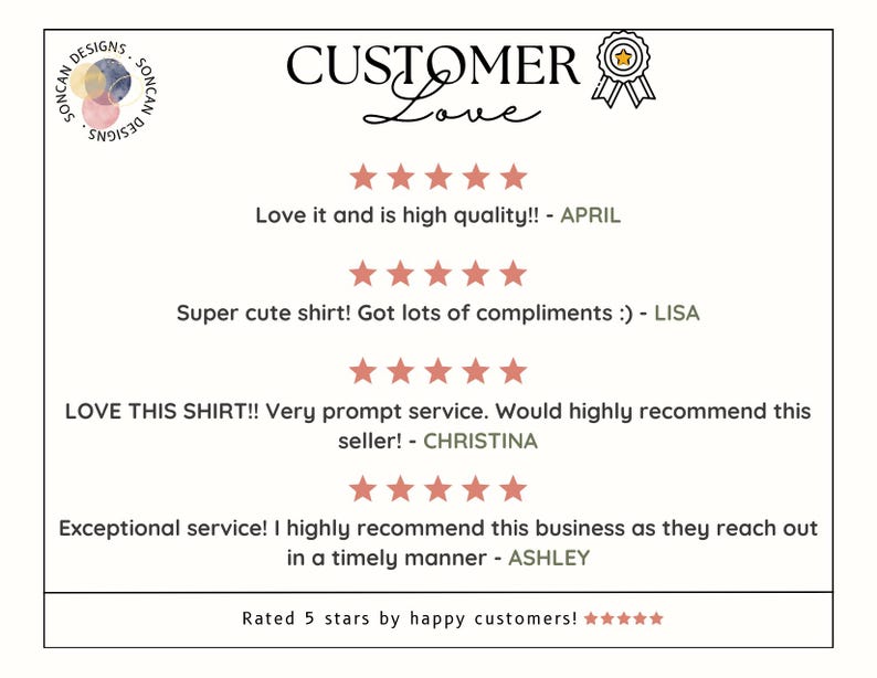 K&ouml;nnte beinhalten: Eine wei&szlig;e Karte mit dem Text "CUSTOMER Love" und Kundenbewertungen. Die Bewertungen enthalten S&auml;tze wie "Love it and is high quality!!" und "Super cute shirt!" Die Karte zeigt auch ein Logo und Sternebewertungen.