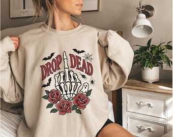 Sudadera de Halloween, Camiseta de Halloween para mujer, Sudadera de esqueleto espeluznante, Camiseta de esqueleto terrorífica, Sudadera de cuello redondo de otoño