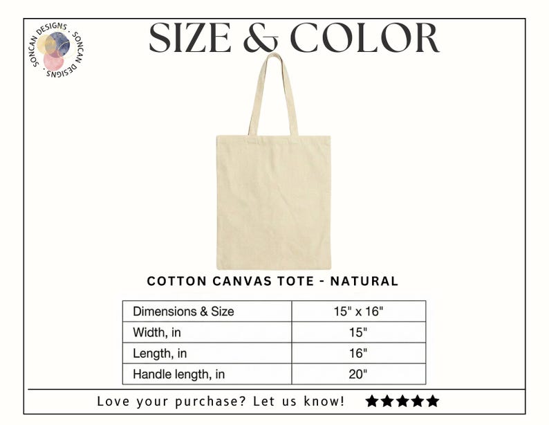 K&ouml;nnte beinhalten: Eine nat&uuml;rliche Tragetasche aus Baumwoll-Leinwand mit rechteckiger Form und Henkel. Die Abmessungen der Tasche betragen 38 cm breit und 41 cm lang, mit einer Henkell&auml;nge von 51 cm. Der Text "SIZE & COLOR" steht oben.