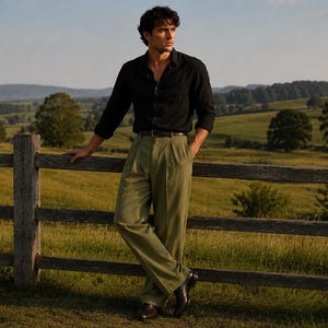 May include: A black long-sleeved button-down shirt with a collar and cuffs, paired with olive green high-waisted trousers featuring front pleats and a dark brown leather belt, worn with dark brown leather dress shoes.