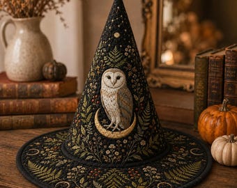 Halloween Quilted Witch Hat, Cottagecore Owl Witchy Decor Hat, Botanical Floral Celestial Witch Hat, Cozy Fall Halloween Hat