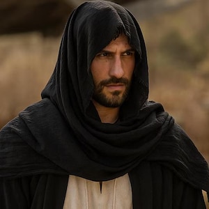 May include: A man wearing a black hooded cloak and a neutral-coloured tunic. The cloak is draped over the head and shoulders, creating a dark contrast against the lighter clothing underneath. The man has a beard and a serious expression.