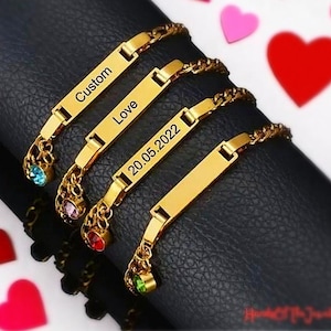 18K Gold Plated Stainless Steel Bracelet – Engraved with Name, Date, Birthstone – Perfect Gift for Kids or Adults